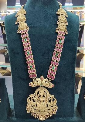 Gold Plated Pota Stone Temple Long Necklace Set