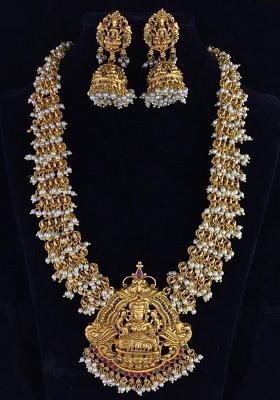 Gold Plated Pota Stone Temple Design Long Necklace Set
