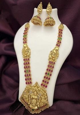 Gold Plated Pota Stone Long Haram Necklace Set