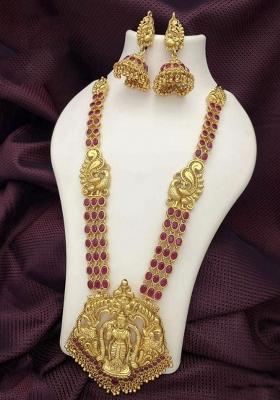 Gold Plated Pota Stone Long Haram Necklace Set