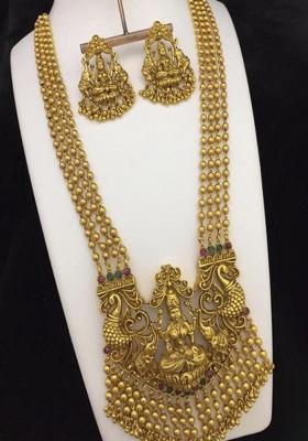 Gold Plated Pink And Green Pota Stone Traditional Long Necklace Set