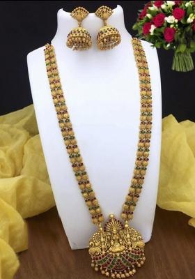 Matte Finish Pink And Green Pota Stone Traditional Long Necklace Set