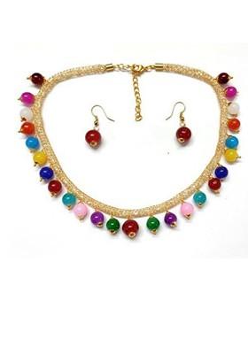 Gold Plated Stones Studded And Beaded Jewellery Set