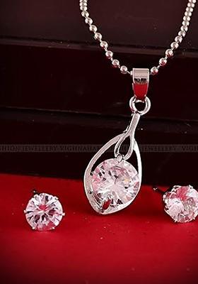 Rhodium Plated Cubic Zirconia Pendant With Earrings