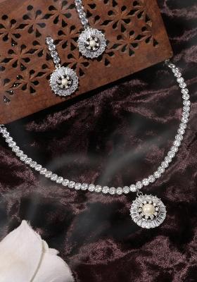 Designer Silver Plated American Diamond Sleek Jewellery Set For Women And Girls