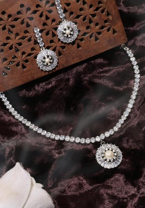 Designer Silver Plated American Diamond Sleek Jewellery Set For Women And Girls