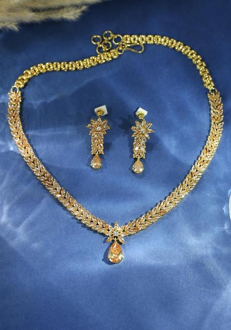 Designer Rosegold Plated American Diamond Sleek Jewellery Set For Women And Girls