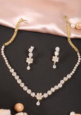 Designer Rosegold Plated American Diamond Sleek Jewellery Set For Women And Girls