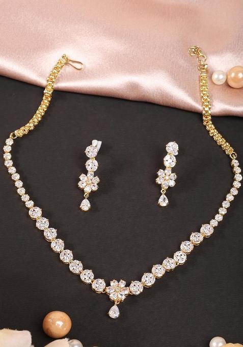 Designer Rosegold Plated American Diamond Sleek Jewellery Set For Women And Girls