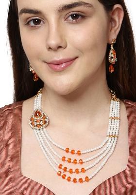 Designer Gold Plated Traditional Rajwada Side Broch Multi Strand Necklace Onesize Orange