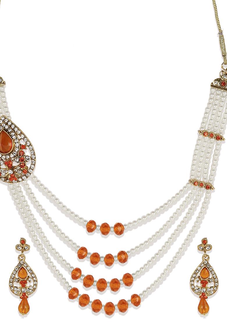 Designer Gold Plated Traditional Rajwada Side Broch Multi Strand Necklace Onesize Orange - Indya