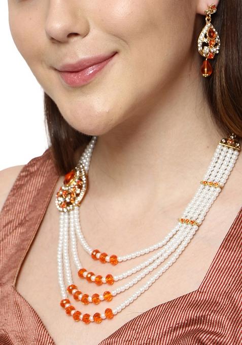 Designer Gold Plated Traditional Rajwada Side Broch Multi Strand Necklace Onesize Orange