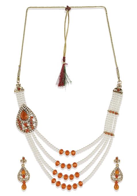 Designer Gold Plated Traditional Rajwada Side Broch Multi Strand Necklace Onesize Orange