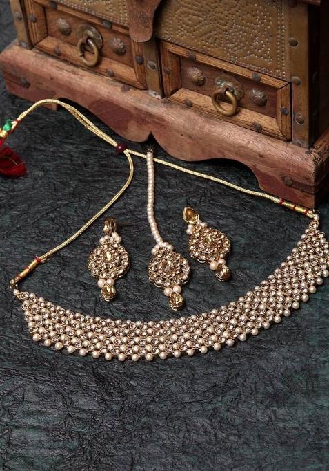 Trendy Gold Plated Jadau Jewellery Set For Women And Girls Onesize Gold