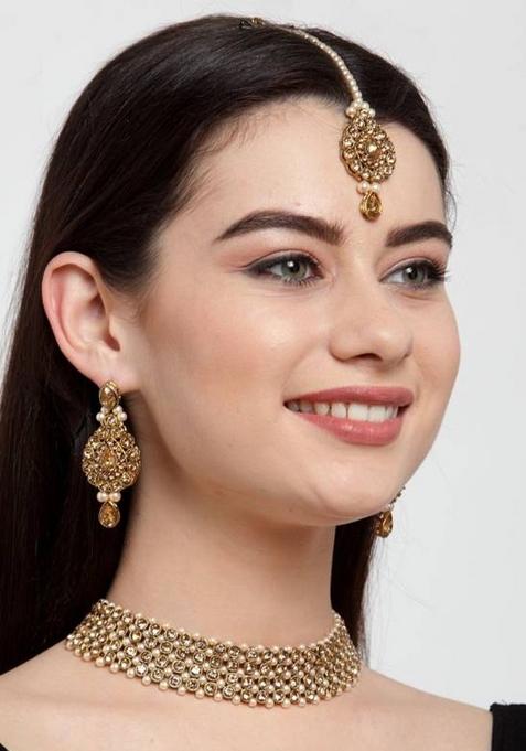 Trendy Gold Plated Jadau Jewellery Set For Women And Girls Onesize Gold