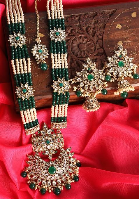 Traditional Gold Plated Pearl Kundan Rani Haar Onesize Green