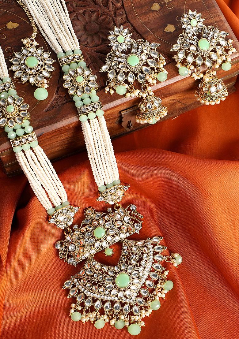 Traditional Gold Plated Pearl Kundan Rani Haar Onesize Sea Green