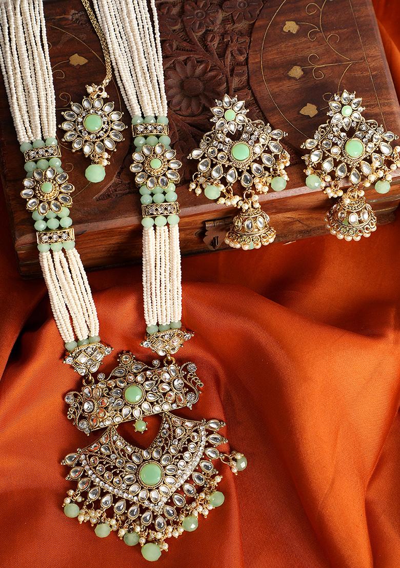 Traditional Gold Plated Pearl Kundan Rani Haar Onesize Sea Green