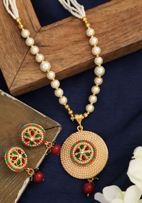 Designer Gold Plated Pearl And Stone Studded Sun Pendant Style Necklace