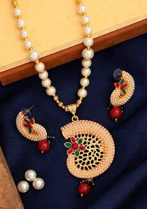 Designer Gold Plated Pearl And Stone Studded Sun Pendant Style Necklace