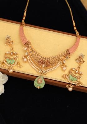 Traditional Gold Plated Enamelled Stone Studded Designer Necklace