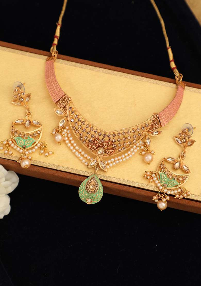 Traditional Gold Plated Enamelled Stone Studded Designer Necklace - Indya