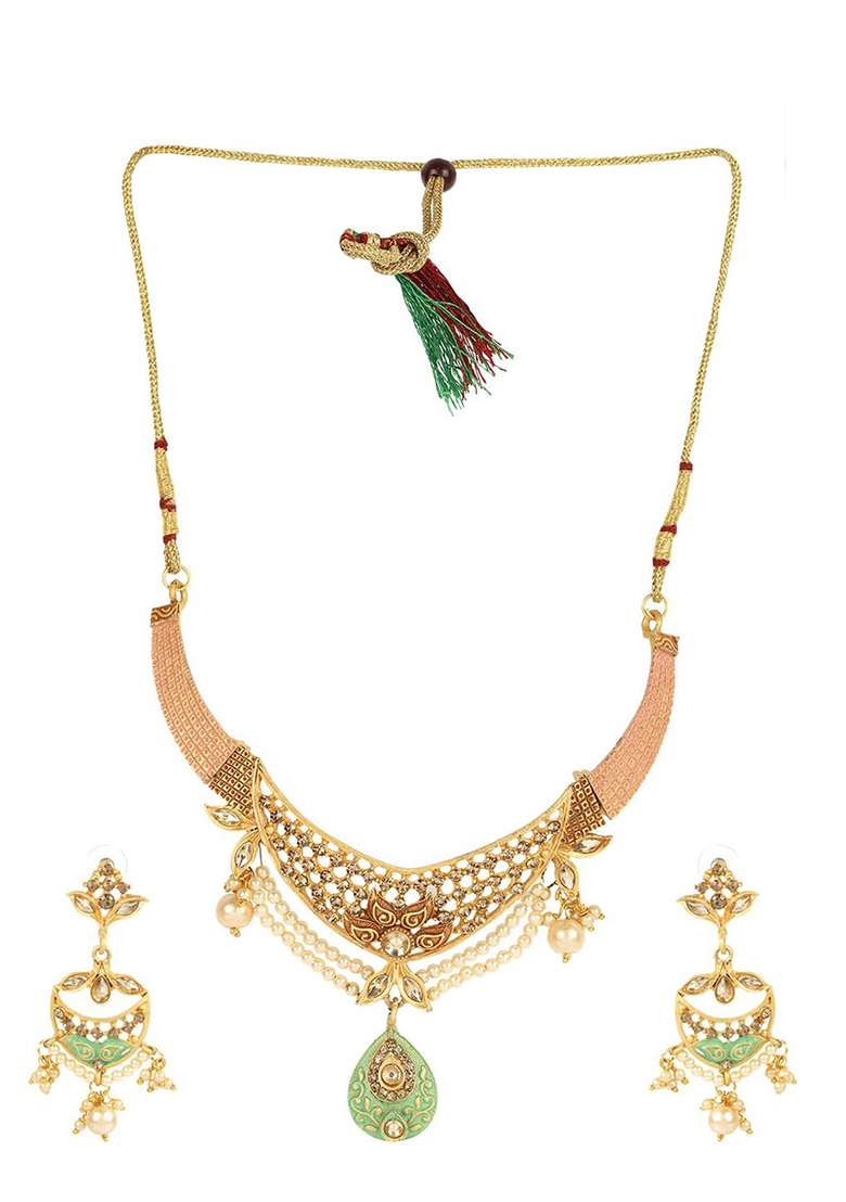 Traditional Gold Plated Enamelled Stone Studded Designer Necklace - Indya