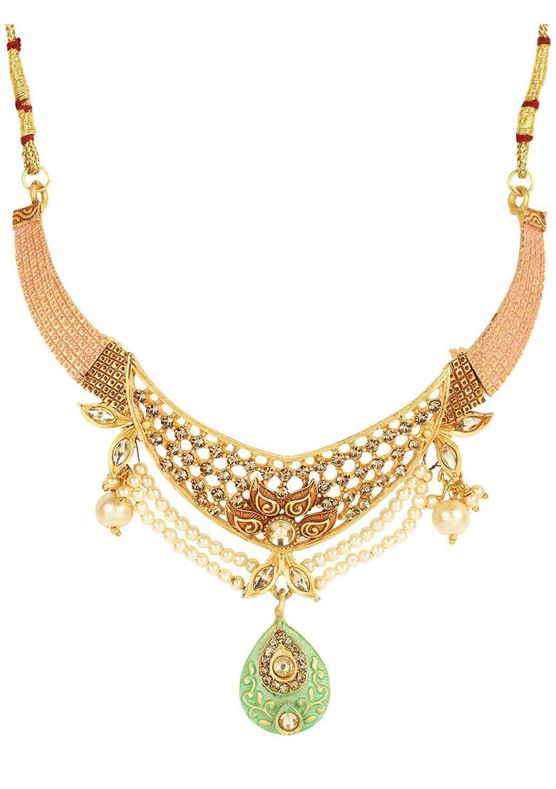 Traditional Gold Plated Enamelled Stone Studded Designer Necklace - Indya