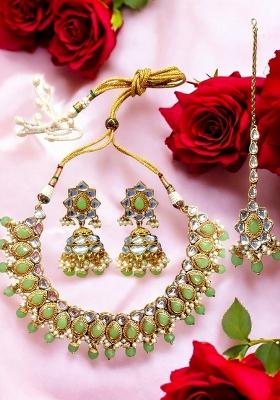 Tradtional Gold Plated Kundan Mint Choker Necklace