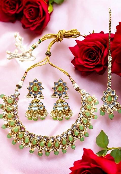 Tradtional Gold Plated Kundan Mint Choker Necklace