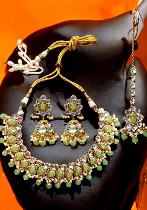 Tradtional Gold Plated Kundan Mint Choker Necklace