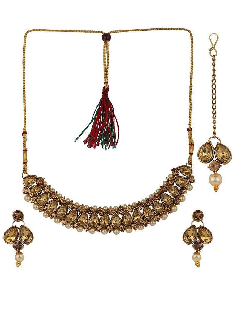 Gold Plated Traditional Kundan Choker Necklace With Earring And Maangtika Onesize Gold - Indya