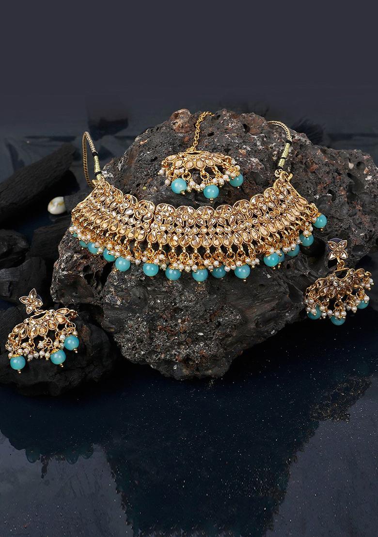 Gold Plated Traditional Kundan Choker Necklace With Earring And Maangtika Onesize Turquoise Blue