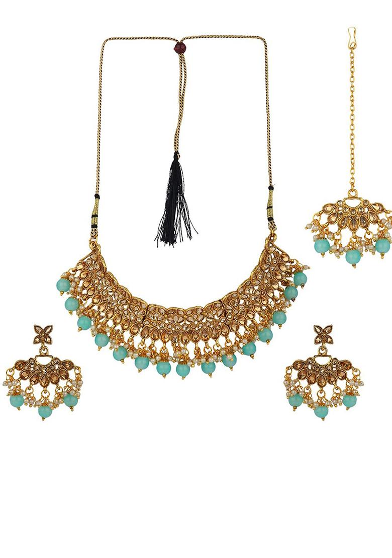 Gold Plated Traditional Kundan Choker Necklace With Earring And Maangtika Onesize Turquoise Blue