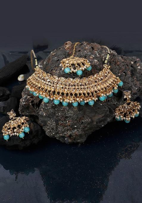Gold Plated Traditional Kundan Choker Necklace With Earring And Maangtika Onesize Turquoise Blue