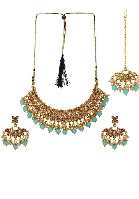Gold Plated Traditional Kundan Choker Necklace With Earring And Maangtika Onesize Turquoise Blue