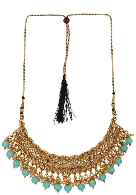 Gold Plated Traditional Kundan Choker Necklace With Earring And Maangtika Onesize Turquoise Blue