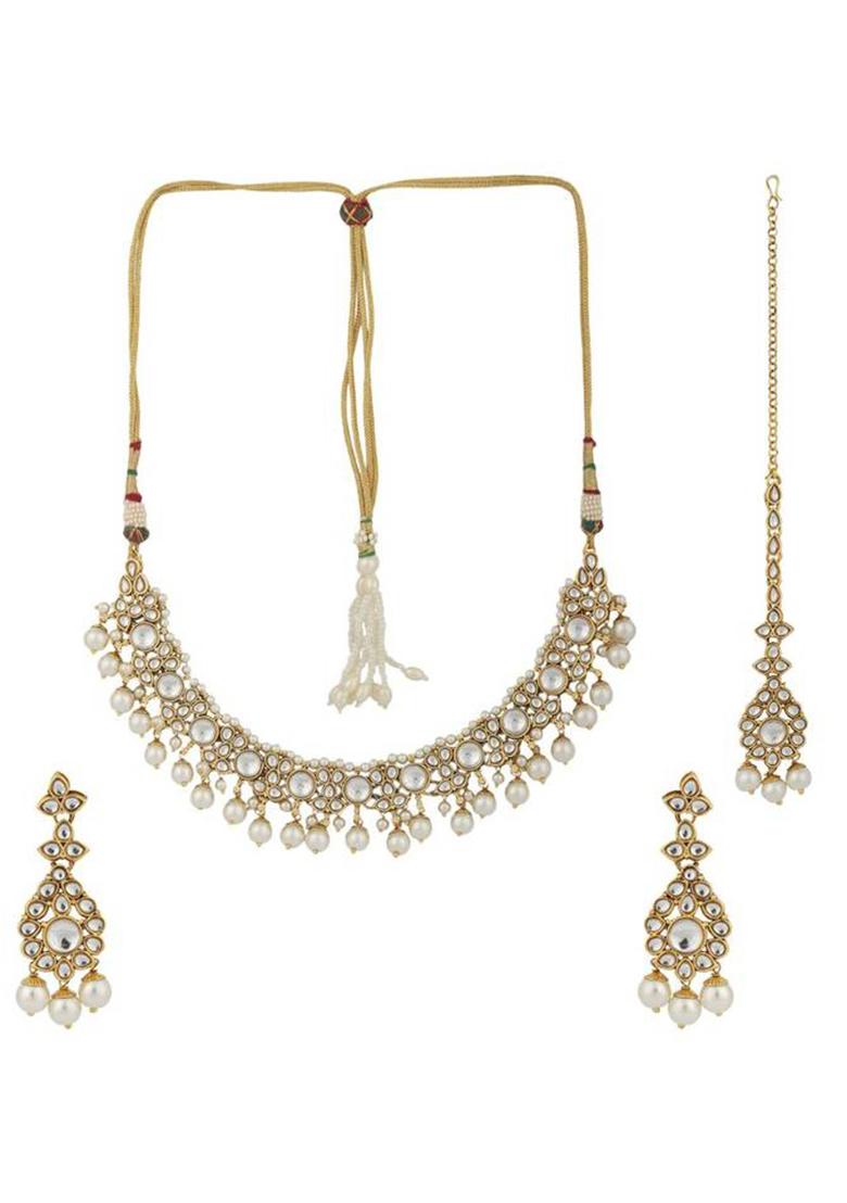 Ethnic Bridal Gold Plated Stone And Pearl Choker With Earring Maangtika