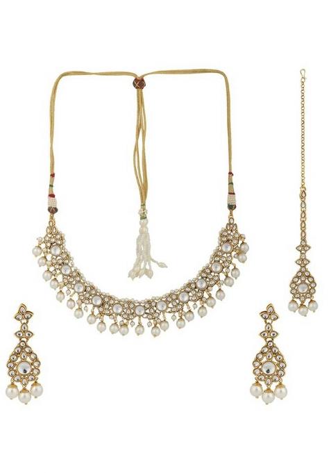 Ethnic Bridal Gold Plated Stone And Pearl Choker With Earring Maangtika