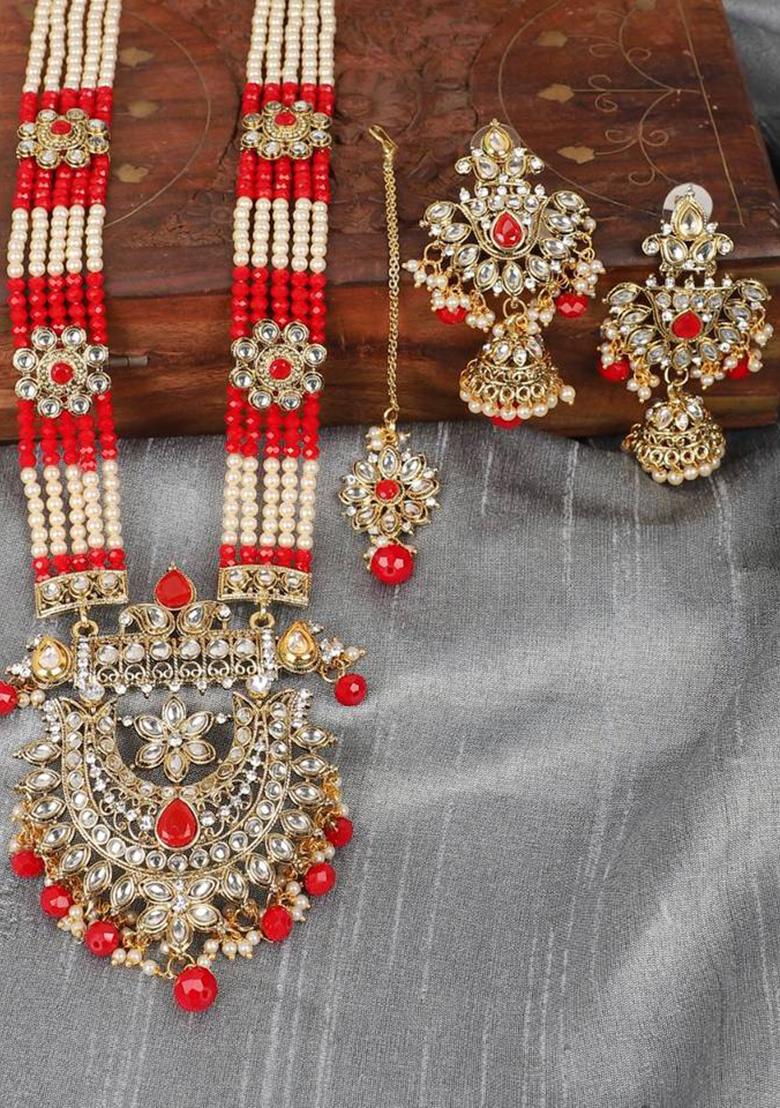 Traditional Gold Plated Red Rani Haar Style Bridal Necklace With Earring Maangtika