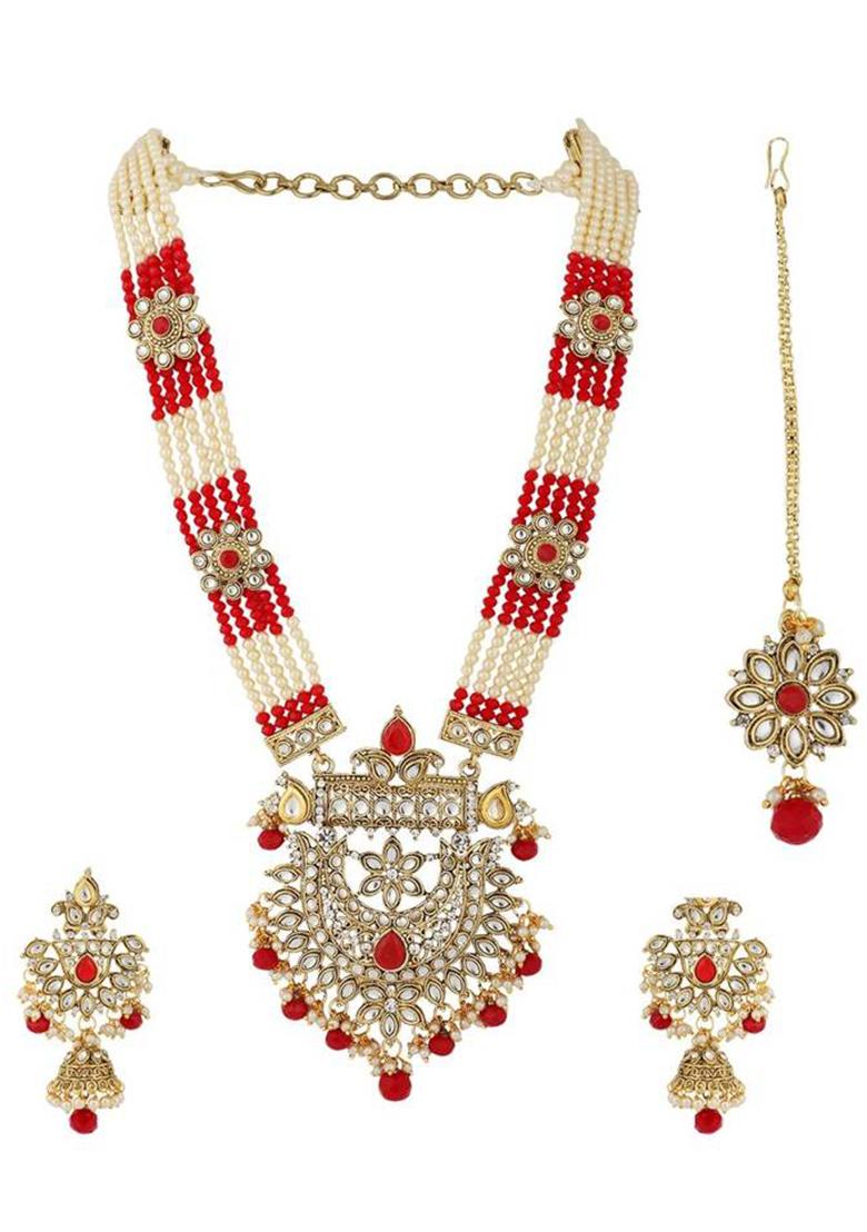 Traditional Gold Plated Red Rani Haar Style Bridal Necklace With Earring Maangtika