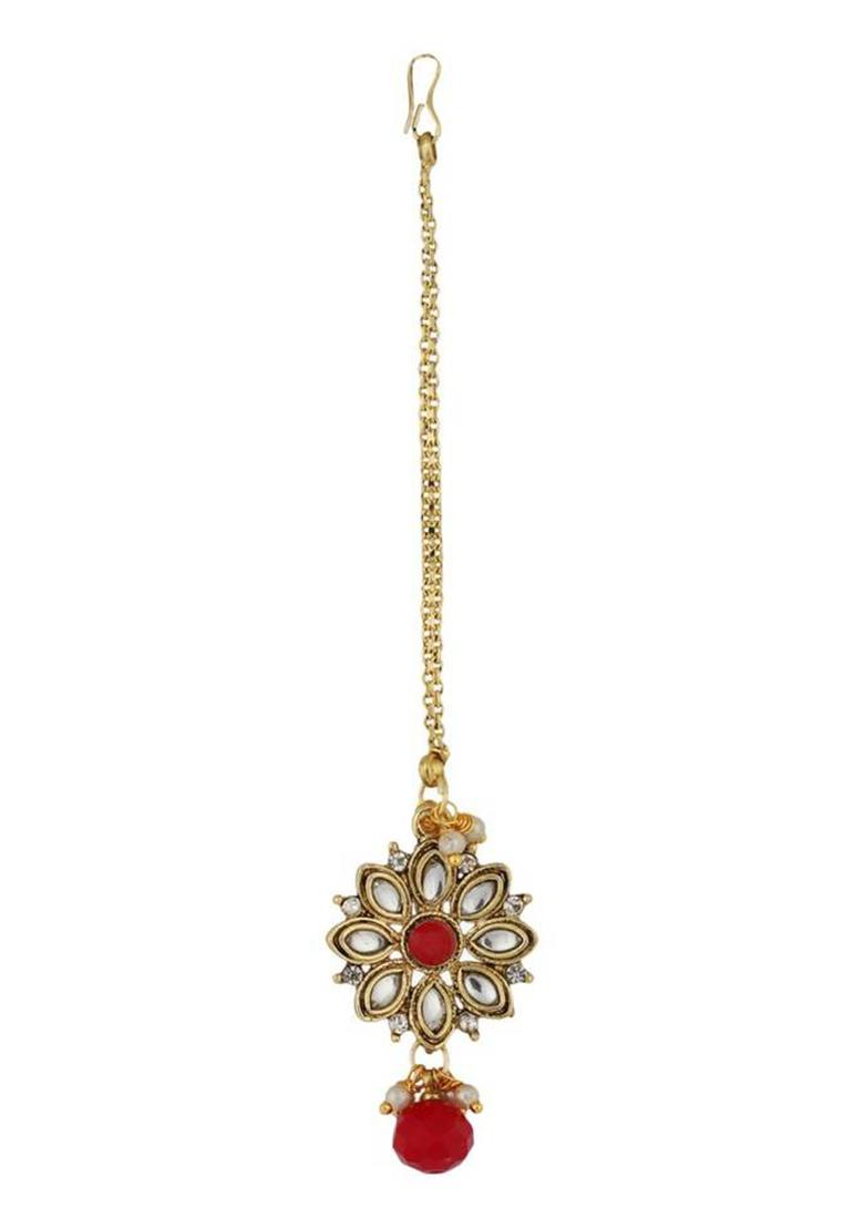 Traditional Gold Plated Red Rani Haar Style Bridal Necklace With Earring Maangtika