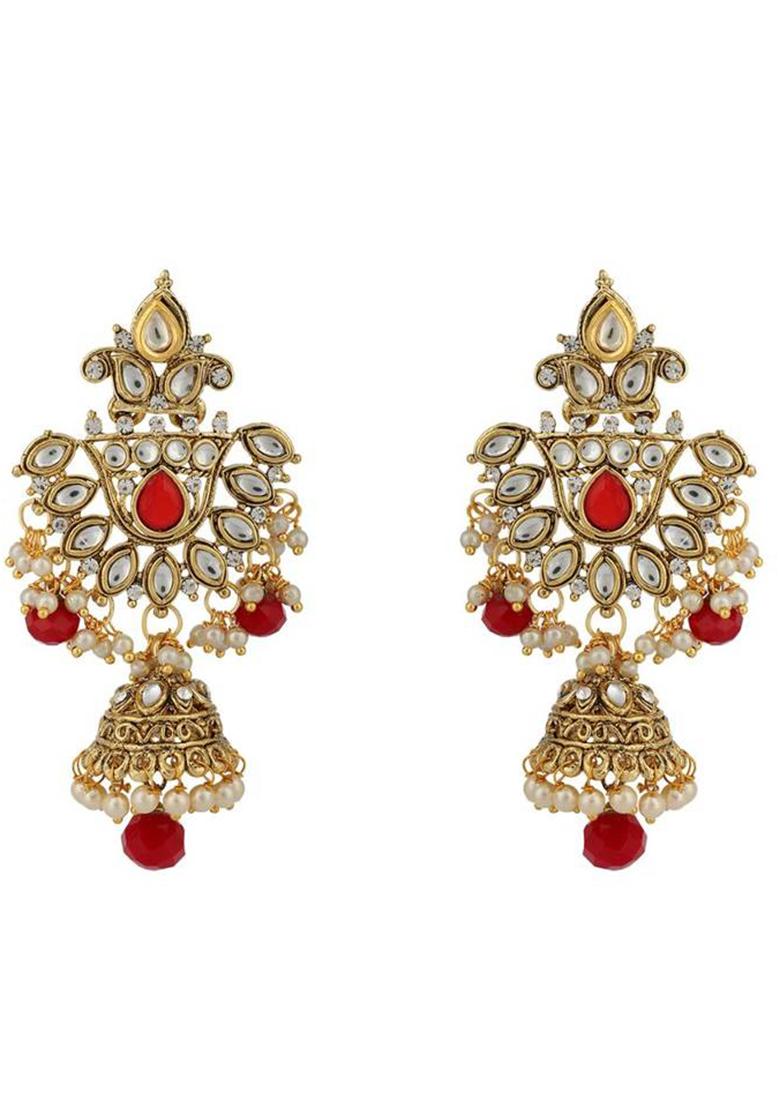 Traditional Gold Plated Red Rani Haar Style Bridal Necklace With Earring Maangtika
