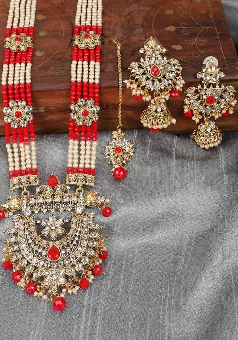 Traditional Gold Plated Red Rani Haar Style Bridal Necklace With Earring Maangtika
