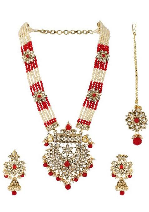 Traditional Gold Plated Red Rani Haar Style Bridal Necklace With Earring Maangtika