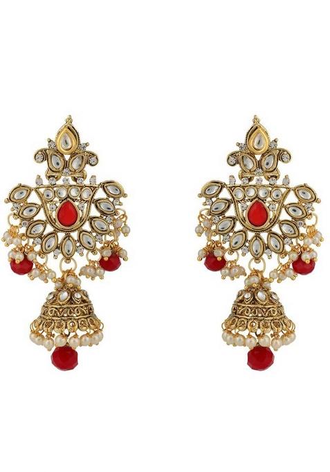 Traditional Gold Plated Red Rani Haar Style Bridal Necklace With Earring Maangtika