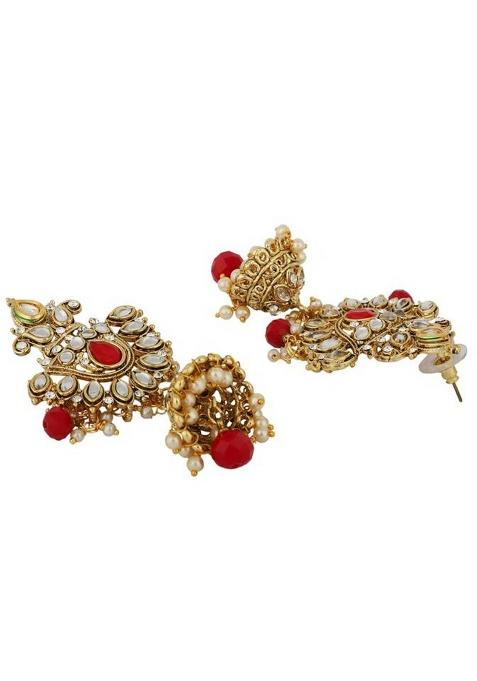 Traditional Gold Plated Red Rani Haar Style Bridal Necklace With Earring Maangtika