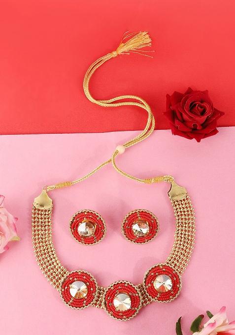 Traditional Gold Plated Alloy Red Chick Necklace With Stud Earrings