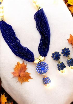 Pretty Look Blue Shade Multistrand Gold Plated Pearl Necklace