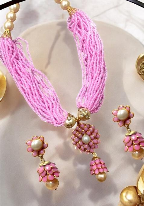 Pretty Look Pink Shade Multistrand Gold Plated Pearl Necklace